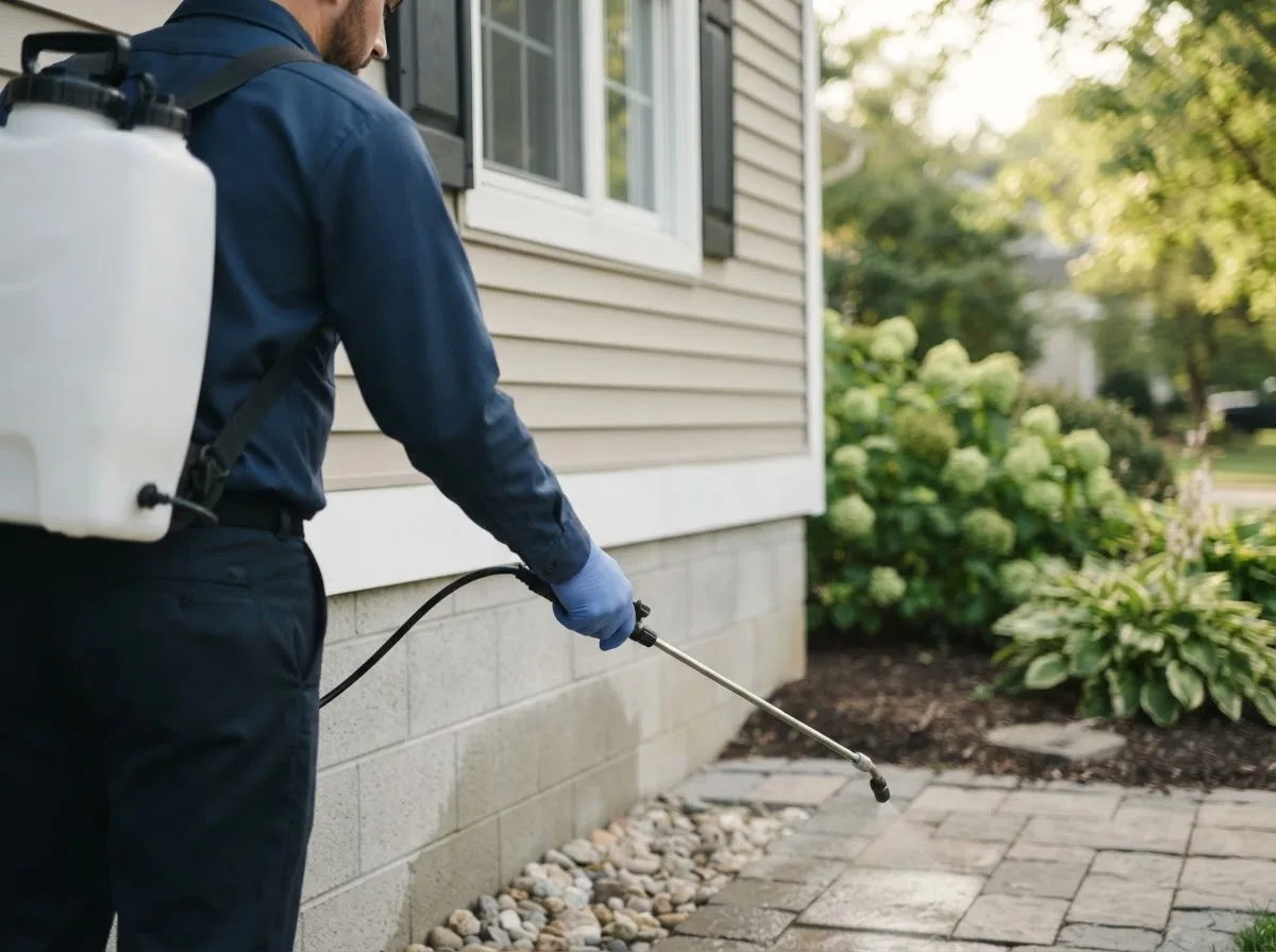 Pest control technician inspecting a home in Trinidad, TX